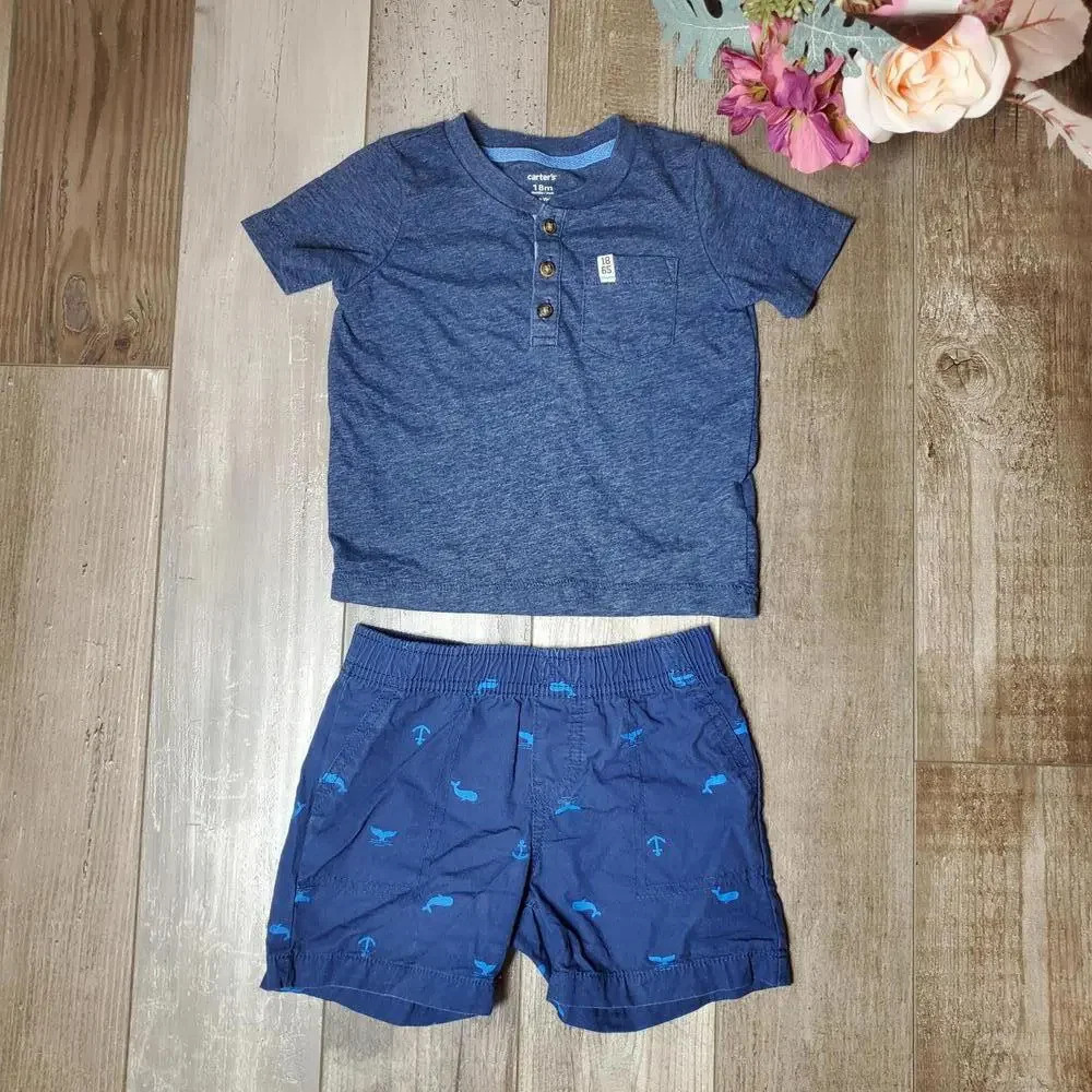 Carter's Baby Toddler Boy 18m Blue Cotton Casual Summer Outfit - Picture 1 of 9